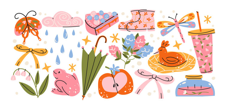 Spring nature stickers in retro cartoon style with butterfly, flowers, rain cloud, umbrella, frog, apple, dragonfly, bow ribbons, boots and seasonal garden elements for springtime lifestyle shapes