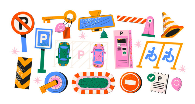 Parking service icons in retro cartoon style. Cars, parking signs and ticket elements, urban transport symbols and navigation graphics, everyday city infrastructure visuals, simple road guidance