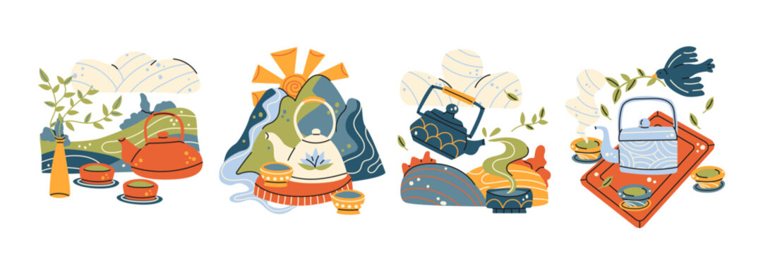 Traditional Chinese tea ceremony set in retro cartoon style. Teapots, cups, tea bags, herbal leaves, kettle, spoon and brewing accessories. Cultural illustration of Chinese gongfu tea ritual. Vector 