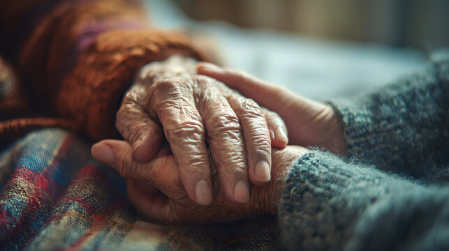 Compassionate doctor holding hands of elderly patient in hospital room during consultation.


