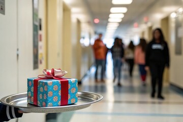 Naklejka premium A person is holding a tray with a blue and red gift box on it