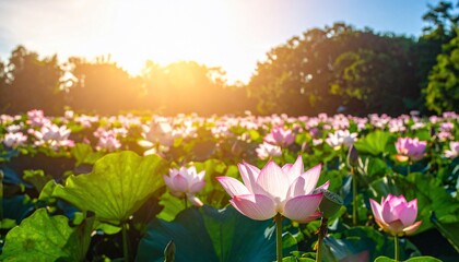 Vibrant field of lotus flowers in full bloom basking in the sun's warm glow