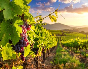 Naklejka premium A serene vineyard landscape with lush greenery and ripe grape clusters