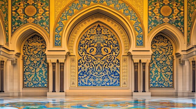mihrab. The ornate mihrab of an empty mosque prayer hall with tile patterns. event programs, museum guides, designed for cultural heritage projects and event programs.