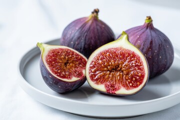 Close up of fresh figs on a white plate fruit purple