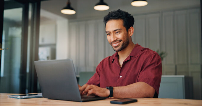 Laptop, coding and businessman in office with research for full stack development with project. Technology, professional and web developer with computer for online programming report in workplace.