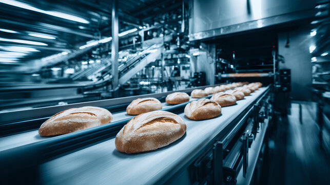 Rows Of Freshly Baked Golden Buns Cooling On A Factory Metal Conveyor