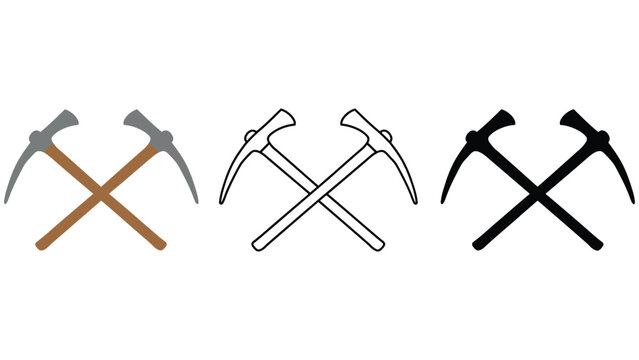 Three pickaxes crossed over each other in different colors and styles