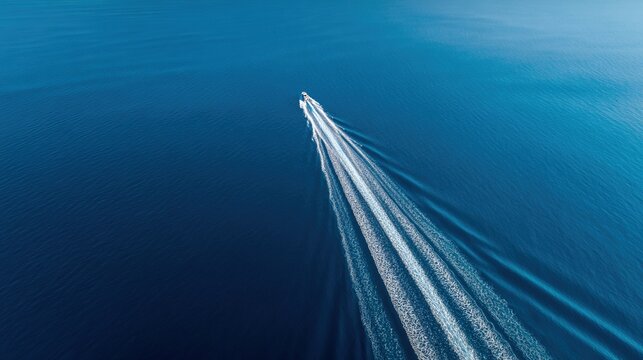 hydrofoil. Aerial view of a white wake trail on a calm blue sea. travel magazines, destination branding, wall prints, designed for travel destination branding, used by customer success managers.