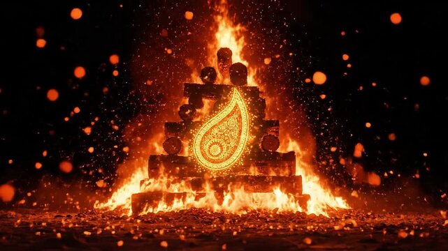 A vibrant Holika Dahan ritual pyre burns brightly with a glowing orange flame at its center, surrounded by sparks on a dark background, symbolizing a joyful celebration in India.