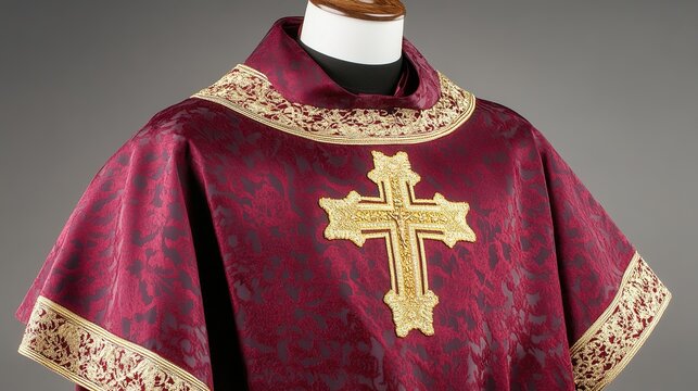 chasuble. A deep red chasuble laid flat with a prominent embroidered gold cross. event programs, museum guides, designed for cultural heritage projects and event programs, elevates cultural identity.