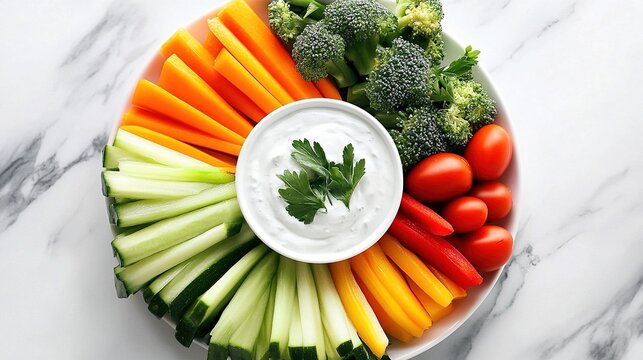 hummus. A vibrant arrangement of fresh vegetables and dip on a clean marble surface, styled for a healthy appetizer. menu design.