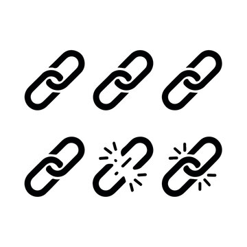 A collection of six chain link icons presented in two rows, illustrating concepts of connection, strength, and prominently featuring broken links symbolizing weakness or disruption.