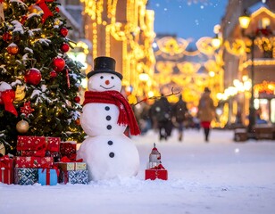 Obraz premium A snowman stands beside a decorated Christmas tree on a snowy street
