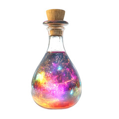 Glass bottle with cork contains vibrant colorful space nebula on transparent background