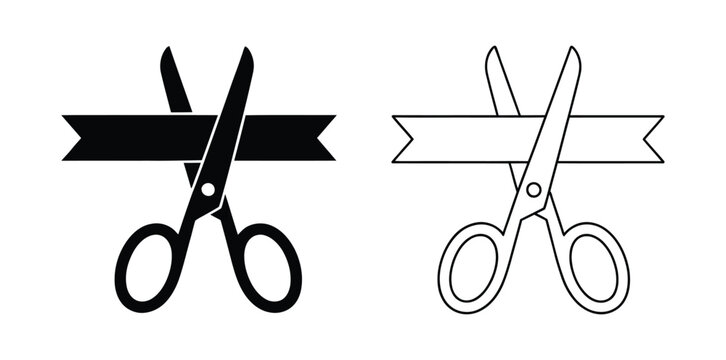 Cutting the ribbon with scissors icon. Festive, grand opening. scissors cuts or ribbon cut. . Long silk ribbon. Scissors for cutting and silk ribbon. Start for sport game or invitation for a party.