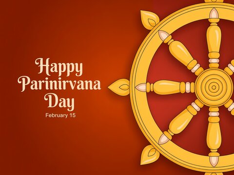 Buddhist wheel of dharma on red background with happy parinirvana day text