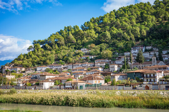 A stunning panoramic view of a traditional European hillside village featuring charming stone houses with red tiled roofs spread across a green mountain slope 