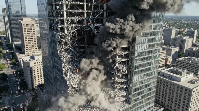 Dramatic footage of a skyscraper collapsing amidst a cloud of smoke and debris.