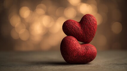 Fototapeta premium Two Red Hearts Stacked on Table.
