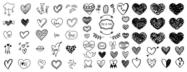 Doodle hearts drawn by hand. Grunge scrawls, chalk scribbles, rough brush strokes, underlines and circles