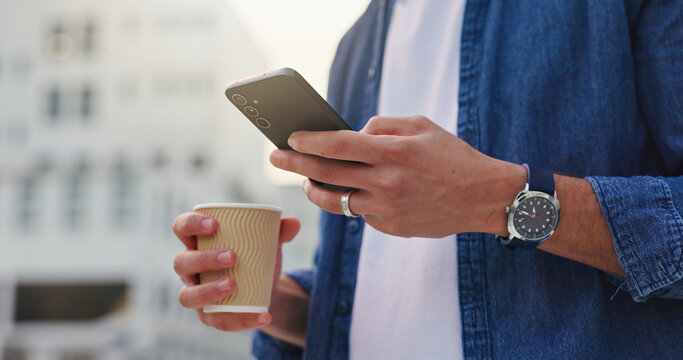 City, hands and person with phone for chat, scroll and browse online or internet. Outdoor, tech and coffee with connection and mobile app for social media, networking and text message to contact
