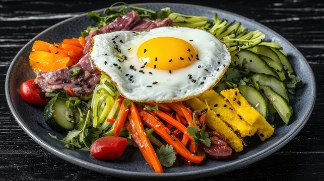Deconstruction of a beautifully plated Korean bibimbap with a sunny-side-up egg on top: A vibrant arrangement of bibimbap ingredients&acirc;&euro;&rdquo;julienned vegetables, marinated meat, and sunny-side-up