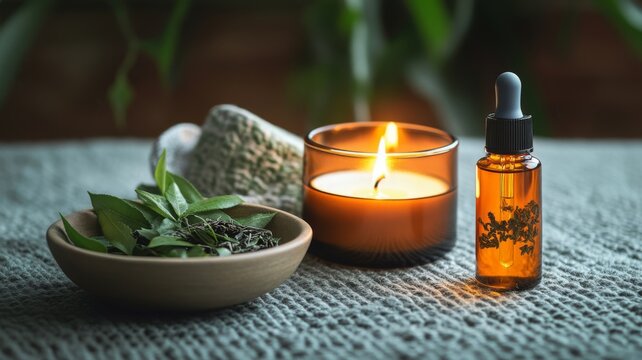 Apothecary style dropper bottle with dark oil and green herbs beside a glowing candle for holistic wellness and natural therapy