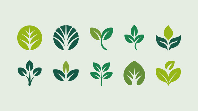 A collection of stylized leaf designs in varying shades of green are arranged in two rows showcasing diverse botanical elements high quality professional detailed modern elegant