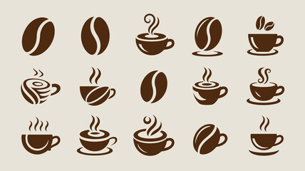 Obraz premium A collection of stylized coffee beans cups and brewing elements are displayed in varying shades of brown on a neutral background high quality professional detailed modern