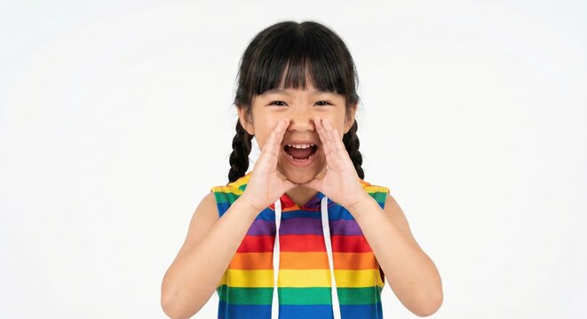 Excited young East Asian girl shouting and calling out with hands cupped around her mouth, wearing a colorful striped sleeveless hoodie, isolated on a white background in a studio setting.