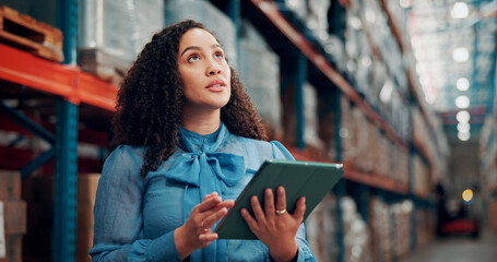 Naklejka premium Thinking, woman and logistics with tablet at warehouse for inspection, stock check and supply chain. Person, digital and search for package in storage, inventory management and solution for shipping