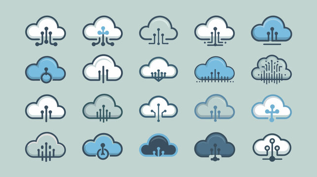 A collection of fifteen cartoonish cloud icons with power button symbols integrated within their forms displayed on a pale green backdrop high quality professional detailed modern
