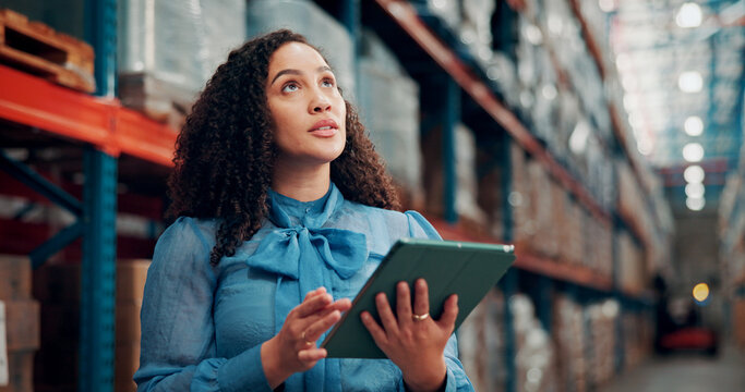 Thinking, woman and logistics with tablet at warehouse for inspection, stock check and supply chain. Person, digital and search for package in storage, inventory management and solution for shipping