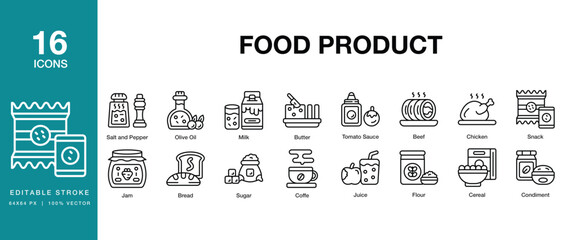 Food Product icon set. Includes food, product, grocery, packaged, snack, beverage and More. Editable Stroke Icon Collection.