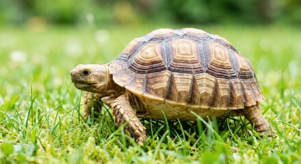 Obraz premium Juvenile African Spurred Tortoise walking on green grass in a sunny garden, close-up of a young Sulcata tortoise exploring outdoors during the daytime with soft natural light.