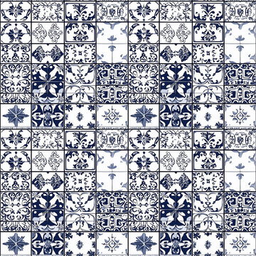 Traditional Portuguese Azulejo tiles in a blue and white pattern, featuring intricate floral and geometric designs.