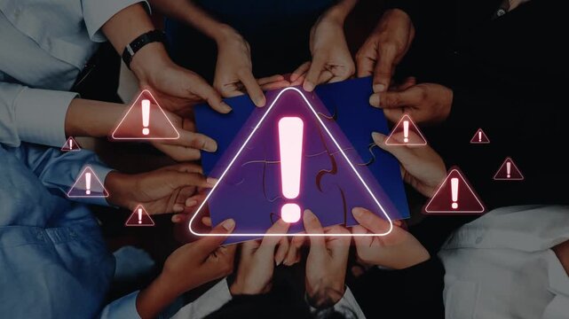 A group of diverse hands comes together to solve a puzzle representing teamwork and communication, highlighted with caution symbols emphasizing the need for awareness. Raster