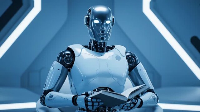 Futuristic Robot Working on Tablet Computer.