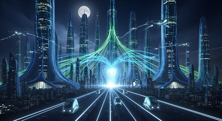 A futuristic smart city powered by artificial intelligence with glowing digital networks, symbolizing automation, connectivity, and urban innovation.