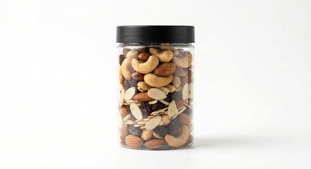 Healthy mix of roasted cashews, almonds and raisins in a clear plastic jar with a black lid isolated on a white background, concept of nutritious snacks and organic protein food for a balanced diet.