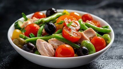 A vibrant salad nicoise elegantly assembled in a shallow white bowl, showcasing the bright colors of cherry tomatoes, green beans, black olives, and slices of fresh tuna. The dressing glistens under