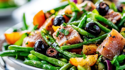 A close-up view of a colorful salad nicoise, artfully arranged with seared tuna, crispy green beans, and black olives, captured with a shallow depth of field to create a soft background. The vivid