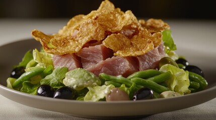 A close-up view of a colorful salad nicoise, artfully arranged with seared tuna, crispy green beans, and black olives, captured with a shallow depth of field to create a soft background. The vivid