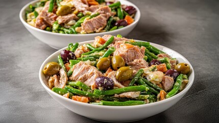 An artistic display of salad nicoise with a focus on the contrasting textures of tender tuna, crunchy green beans, and glossy olives, captured in a minimalist setup. The neutral backdrop enhances the