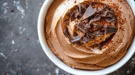 A decadent close-up showcasing a rich chocolate mousse adorned with delicate layers of Swiss chocolate shavings and a sprinkle of cocoa powder, emphasizing the smooth texture and glossy finish,