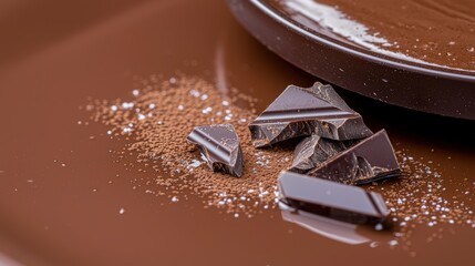 A decadent close-up showcasing a rich chocolate mousse adorned with delicate layers of Swiss chocolate shavings and a sprinkle of cocoa powder, emphasizing the smooth texture and glossy finish,