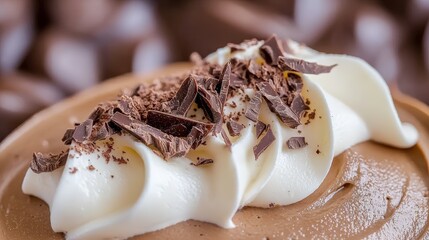 A decadent close-up showcasing a rich chocolate mousse adorned with delicate layers of Swiss chocolate shavings and a sprinkle of cocoa powder, emphasizing the smooth texture and glossy finish,