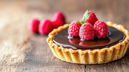 An elegant presentation of a Swiss chocolate tart, featuring a glossy chocolate glaze and topped with vibrant raspberries, placed on a rustic wooden table with soft lighting that accentuates its
