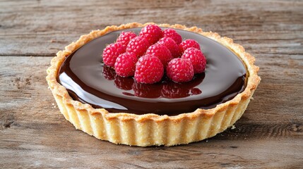 An elegant presentation of a Swiss chocolate tart, featuring a glossy chocolate glaze and topped with vibrant raspberries, placed on a rustic wooden table with soft lighting that accentuates its